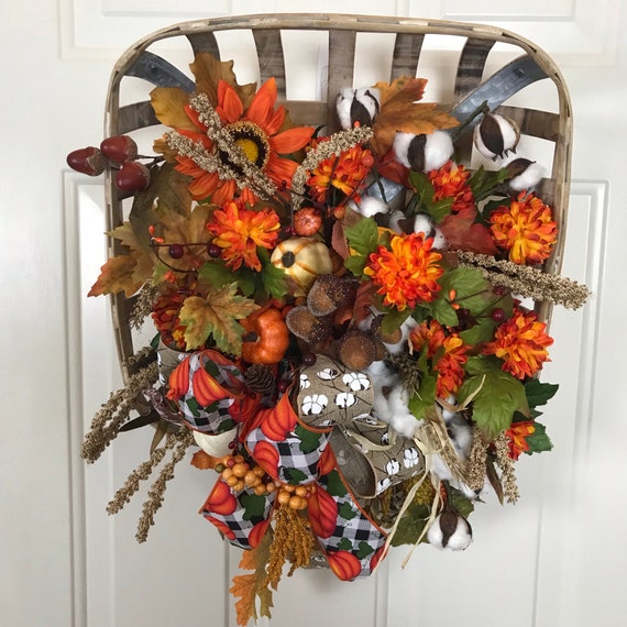 Tobacco Basket, Fall Door Hanger, Pumpkin Decor, Farm House Decor