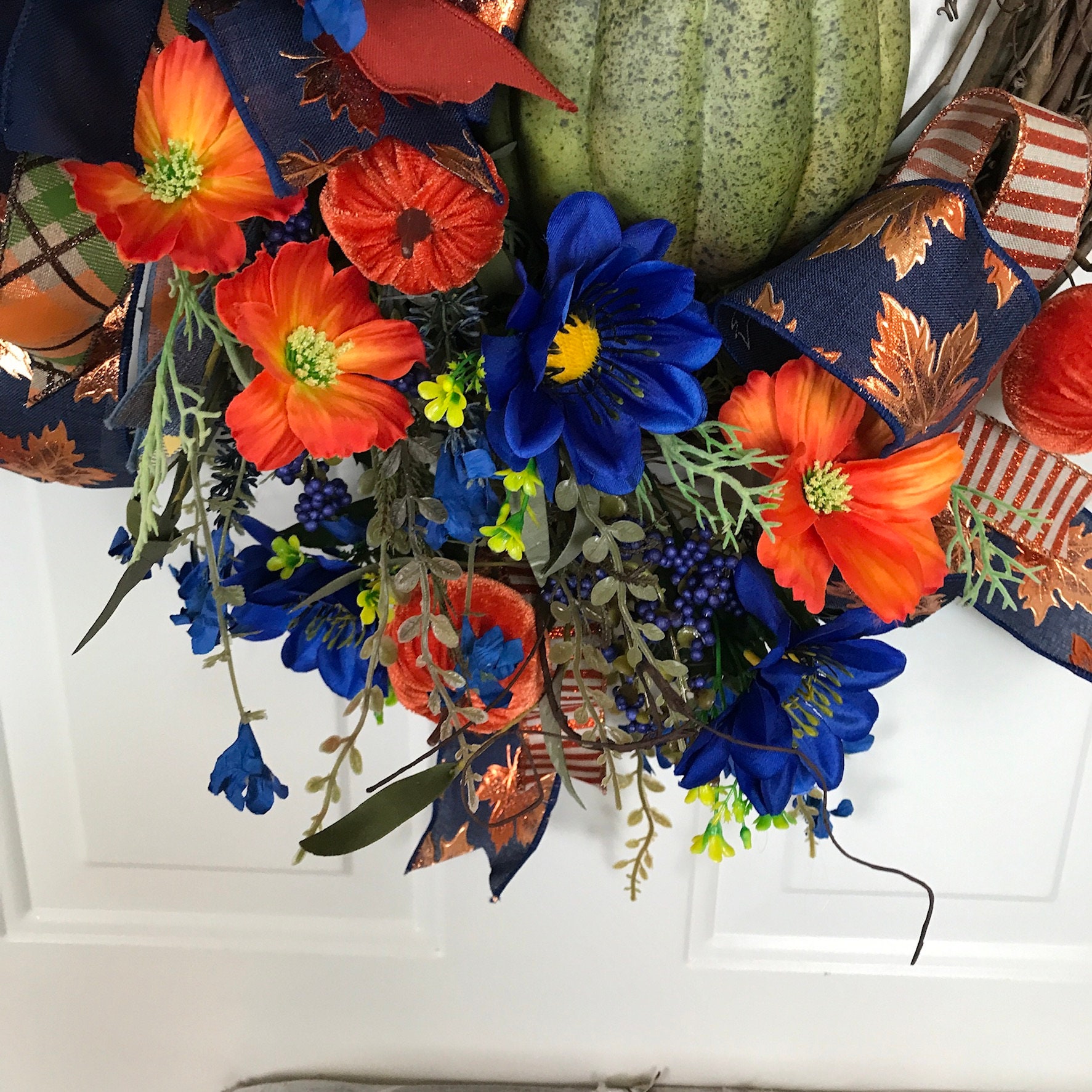 Fall Wreath, Fall Door Hanger, Blue Orange Fall Wreath, Pumpkin Wreath ...