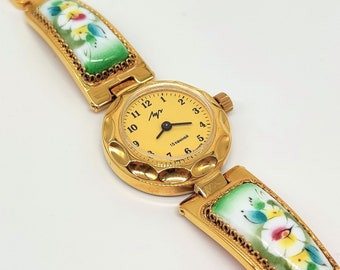 New old stock 1990's Vintage ladies mechanical enamel watch Luch Jewelry bracelet Gold
