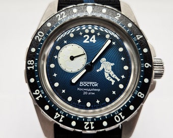 Limited Edition Vostok Cosmodiver Luna Dude Space Vibe 24-hour mechanical automatic watch Brand New 14038B Blue
