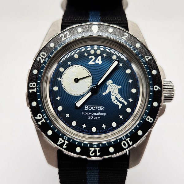 Limited Edition Vostok Cosmodiver Luna Dude Space Vibe 24-Stunden-mechanische Automatikuhr, brandneu, 14038B, Blau