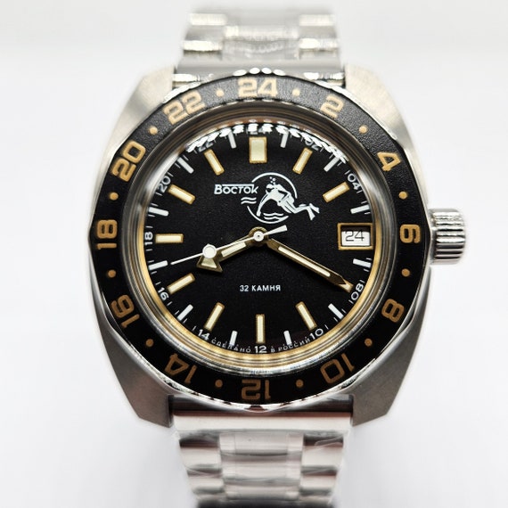 Vostok Amphibia Scuba Dude 2431 Diver 200M 17005B Gold Black Brand New Men s 24 hour Mechanical Automatic Watch Etsy