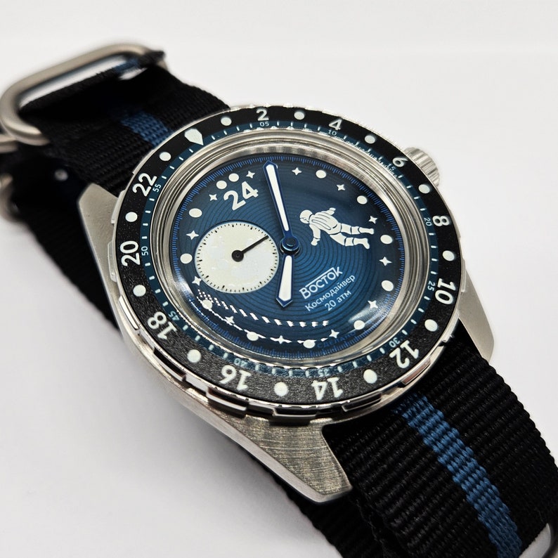 Limited Edition Vostok Cosmodiver Luna Dude Space Vibe 24-hour mechanical automatic watch Brand New 14038B Blue image 6