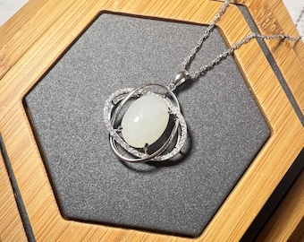 Universe — Certified White Jade Pendant with Sterling Silver Rings