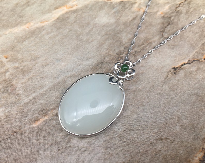 Certified White Jade necklace with green jade bead Tilda