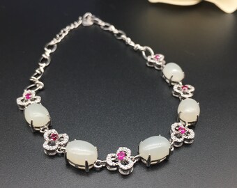 Blossom — Certified White Jade Bracelet with Pink Floral Accents