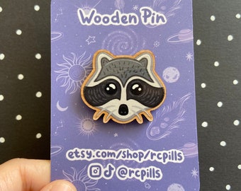 Raccoon Wooden Eco Pin | goth pin, cute animal badge, cottagecore, witchy, halloween, punk, spooky brooch enamel