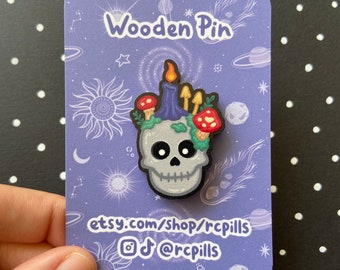 Candle Skull Wooden Eco Pin | spooky pin, cute skull badge, cottagecore brooch, witchy, halloween, mushroom, creepy enamel