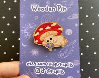 Mushroom & Flower Wooden Eco Pin | Fungi pin, cute animal badge, cottagecore brooch, witchy, halloween, nature enamel