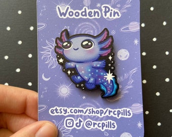 Cosmic Axolotl Wooden Eco Pin | amphibian pin, cute animal badge, celestial brooch, witchy, halloween, nature enamel