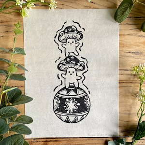 Circus Mushrooms Lino Print / Block print, handprinted, cute animals nature art, autumn illustration cottagecore decor