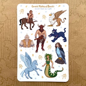 Feuille d'autocollants Bêtes mythiques grecques/Mat et imperméable/Mythologie, créatures Centaure Griffon Minotaure Cyclope Cerbère Pégase Méduse Harpie