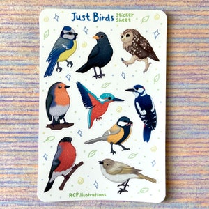 Hoja de calcomanías Just Birds / Mate y resistente al agua / Animales lindos, búho, herrerillo común, petirrojo, pájaro carpintero, martín pescador, pájaro negro Planificador diario