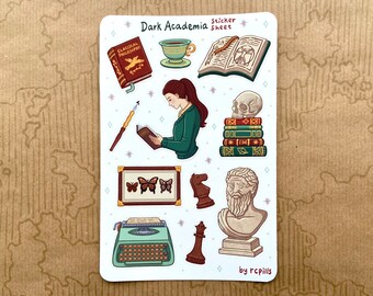 Foglio di adesivi Dark Academia / Opaco e impermeabile / Vintage, Antico, Biblioteca, Università, Letteratura, Libri, Diario di pianificazione