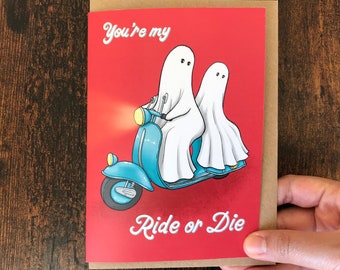 Spooky Ghosts Love Card / Blank Inside with Recycled Envelope/Valentines, Anniversary, Gothic, Halloween, Romantic, Vespa, Creepy