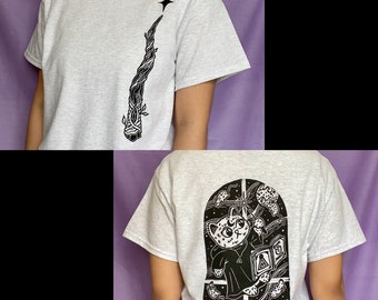 Magic Cat Block Print T-shirt | Unisex, Spells, Mouse, Wand, Witchy, Fantasy, Cute, Handmade, Tarot, Lino cut, Celestial Clothing