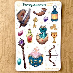 Folha de adesivos de aventura de fantasia / fosco e à prova d'água / medieval, tesouro, dramatização, dragão, DnD, diário planejador, campanha, recompensas, magia
