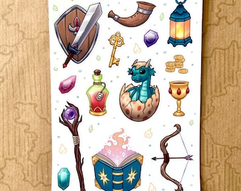 Fantasy Adventure Sticker Sheet / Matte & Waterproof/ Medieval, Treasure, Role Play, Dragon, DnD, planner journal, campaign, rewards, magic