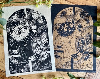 Magic Cat and Floating Mouse Print / Block print, handprinted, Halloween art, witchy wizard folklore illustration, lino cut decor