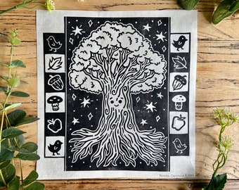 Tree of Life Lino Print / Block print, handprinted, cute animals nature art, mushroom, bird, autumn illustration cottagecore decor