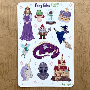 Fairy Tales Sticker Sheet / Matt & Wasserfest/ Prinzessin Frosch Schloss Einhorn Hexe Fee Drache Gnom Ritter Planer Journal