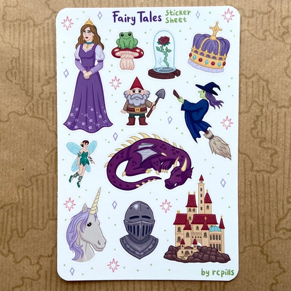 Fairy Tales Sticker Sheet /Matte & Waterproof/ Princess frog castle unicorn witch fairy dragon gnome knight Planner Journal