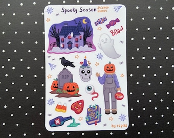 Spooky Season Sticker Sheet /Matte & Waterproof/ Halloween Pumpkin Haunted house Crow Ghost Ouija Skull Planner Journal