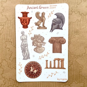 Foglio di adesivi dell'antica Grecia / Opaco e impermeabile / Mitologia greca, diario di pianificazione, storia, museo, antica Medusa Sfinge