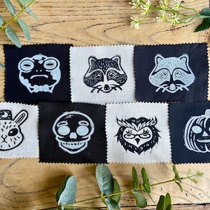 Odd Faces Sew-On Patches/ Woodland Nature Punk Gothic Creepy Witchy Animals, Halloween, Rabbit, Owl, Raccoon, Frog, Skull Pumpkin,Lino Print
