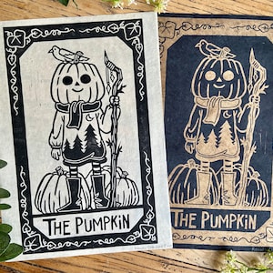 The Pumpkin Lino Print / Block print, handprinted, Halloween art, witchy wizard folklore illustration, gothic lino cut decor