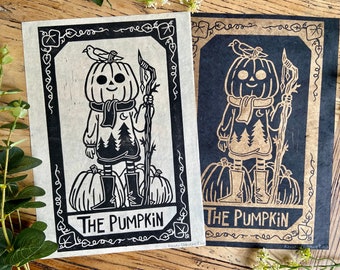 The Pumpkin Lino Print / Block print, handprinted, Halloween art, witchy wizard folklore illustration, gothic lino cut decor