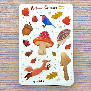 Feuille d'autocollants bestioles d'automne/Mat et imperméable/Forêts,Feuilles,Renard,Oiseaux,Champignons,Agenda de journal Hérisson,Forêt,Confortable