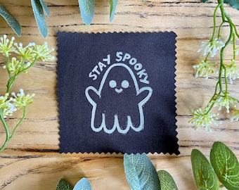 Stay Spooky Sew-On Patch / Cute Ghost, Halloween, punk, gothic, Lino Print, block print, hand printed