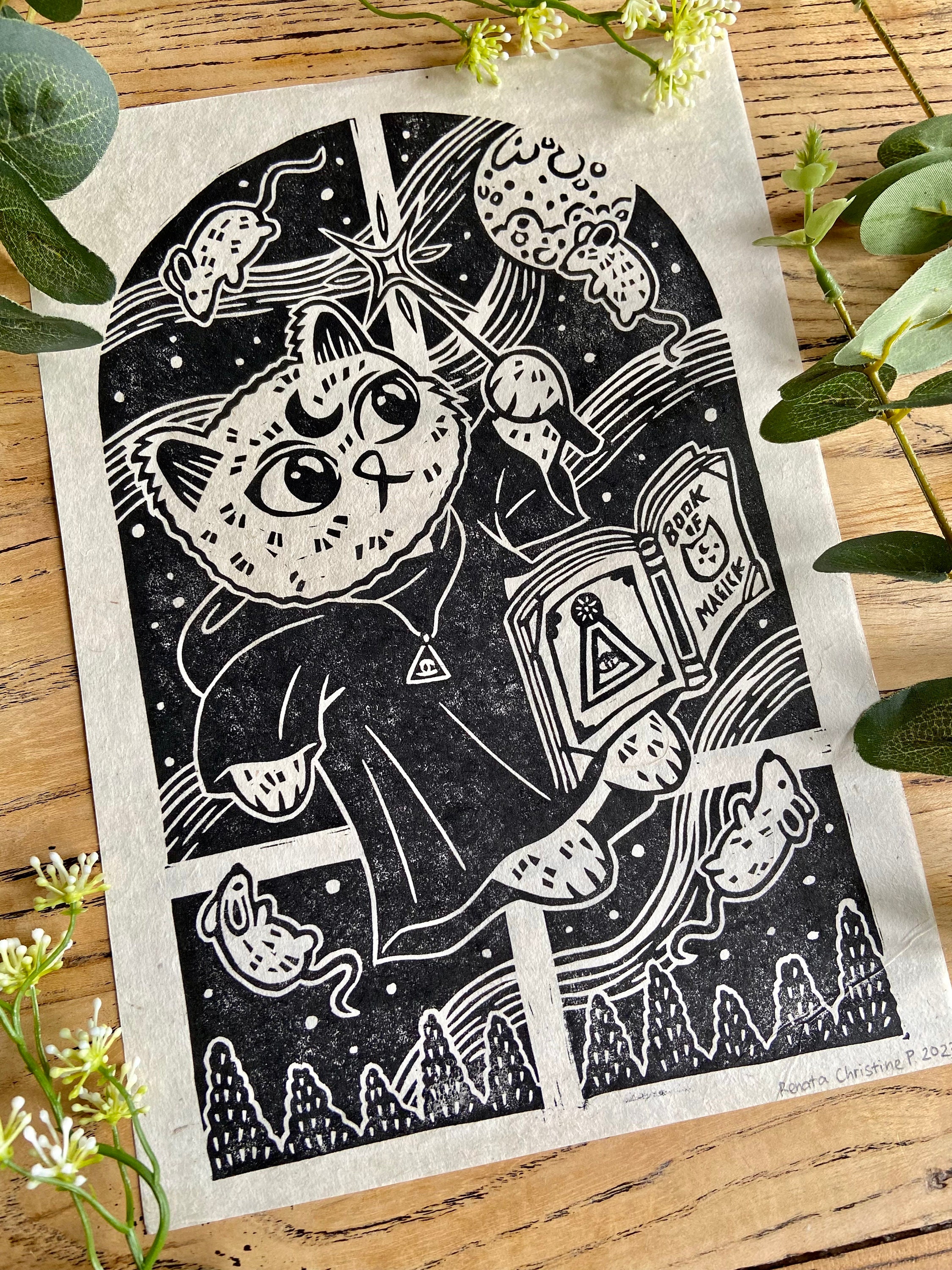 Magic Cat and Floating Mouse Lino Print / Block Print, Handprinted ...