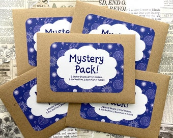 Mystery Pack by RCPillustrations /2 Sticker Sheets,2 Vinyl Stickers 1 Mini Art Print,1 Bookmark /Gift Bundle,Grab Bag Set,Surprise Lucky Dip