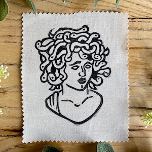 Medusa Sew-On Patch / Greek Mythology, Punk Gothic Creepy Witchy, Halloween, Occult, Lino Print, Handprinted