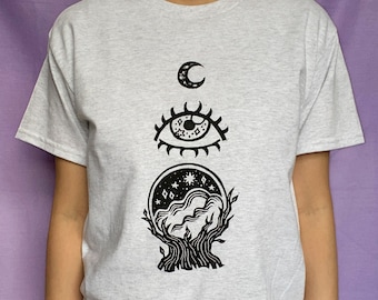 Divination Block Print T-shirt | Unisex, Moon, Magic Eye, Witchy, Boho, Spiritual, Handmade, Tarot, Lino cut, Celestial Clothing