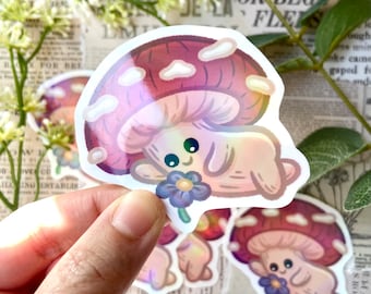 Mushroom Flower Vinyl Sticker/ Holographic Glossy & Waterproof / cottagecore, Cute Animal, Witchy, boho, trippy, Fantasy, meme, Laptop Decal