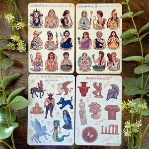 Ensemble de 4 feuilles d'autocollants mythologie grecque/Mat et imperméable/Dieux divinités créatures Hécate Griffon Minotaure Perséphone Cerbère Pégase Méduse Zeus