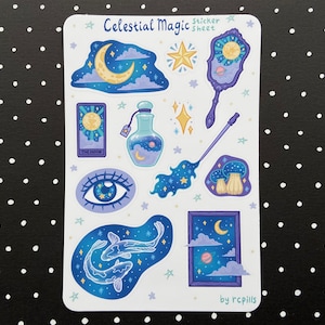 Feuille d'autocollants magie céleste/mate et imperméable/lune, champignon, carpe koï, potions, tarot, étoiles, journal de l'espace sorcière