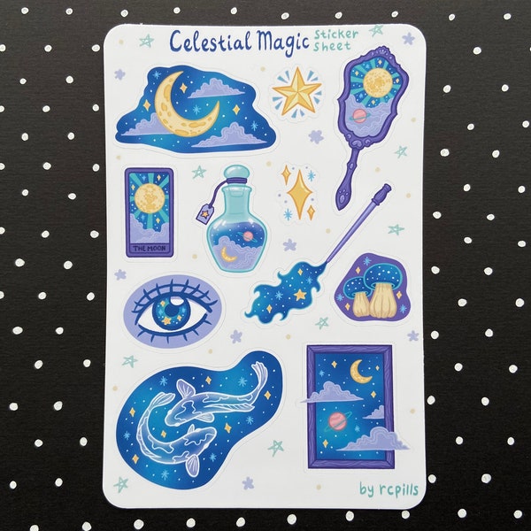 Celestial Magic Sticker Sheet /Matte & Waterproof/Moon,Mushroom, Koi Fish,Potions,Tarot,Stars,Space Witchy Planner Journal