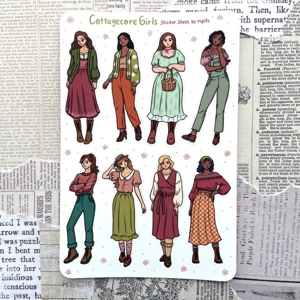 Cottagecore Girls Sticker Sheet /Matte & Waterproof/ Cute Outfits, Style Fashion, Spring Autumn, Planner Journal
