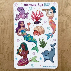Folha de adesivos Mermaid Life/fosco e à prova d'água/coral, oceano, mar, fantasia, aventura, golfinho, caranguejo eremita, polvo, meninas fadas