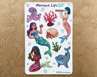 Mermaid Life Sticker Sheet / Matte & Waterproof/Coral, Ocean, Sea, Fantasy, Adventure, Dolphin, Hermit Crab, Octopus, Fairy girls