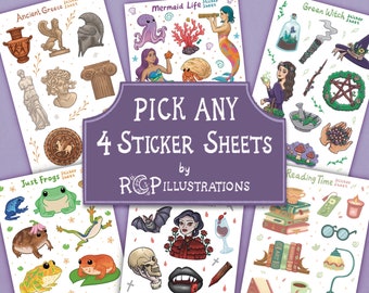 Pick Any 4 Sticker Sheets Set/Matte & Waterproof/Journal,Planner, Scrapbooking, Cottagecore, Witchy, Dark Academia, History, Gothic