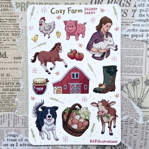 Cozy Farm Sticker Sheet /Matte & Waterproof/ Cute animals, chicken, piglet, horse, lamb, apples, barn, border collie, cow, Planner Journal