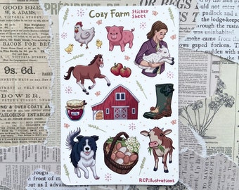 Cozy Farm Sticker Sheet /Matte & Waterproof/ Cute animals, chicken, piglet, horse, lamb, apples, barn, border collie, cow, Planner Journal