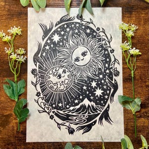 Sun and Moon Lino Print / Block print, handprinted, celestial art, witchy space stars folklore illustration, lino cut decor