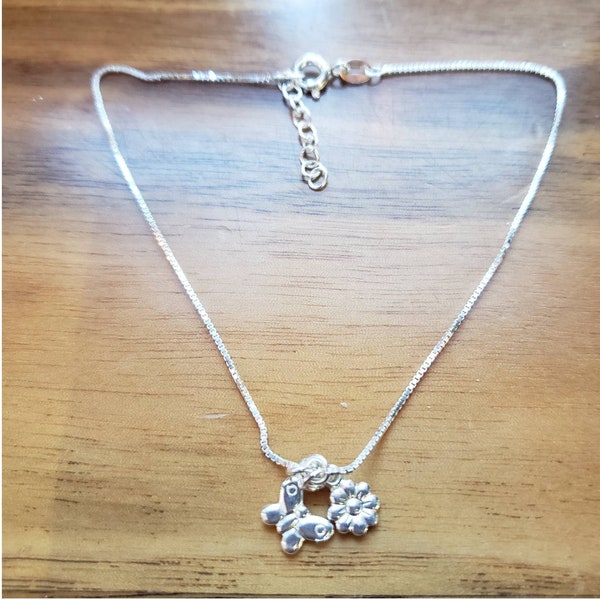 9" + 1" Flower and Butterfly Charm Chain Anklet - 925 Sterling Silver - SGM566218