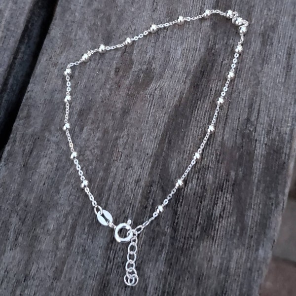 9" + 1" Silver Beaded Chain Anklet with Swarovski • 925 Sterling Silver • Wardrobe Accessory • Adjustable • Semi Precious Material SGJ721346